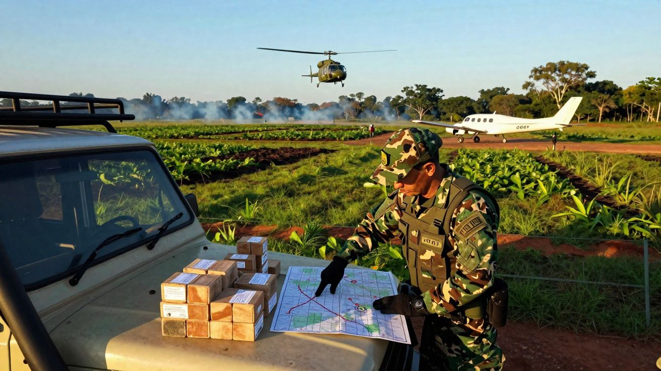 Militar em uniforme camuflado consulta mapa sobre carro numa zona rural com helicóptero e avião ao fundo.