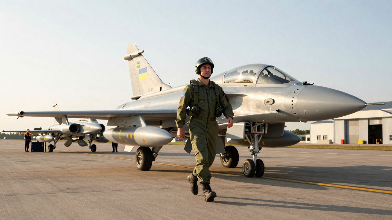 Militar com fato de voo e capacete caminha em pista junto a avião de caça cinzento estacionado num aeródromo.