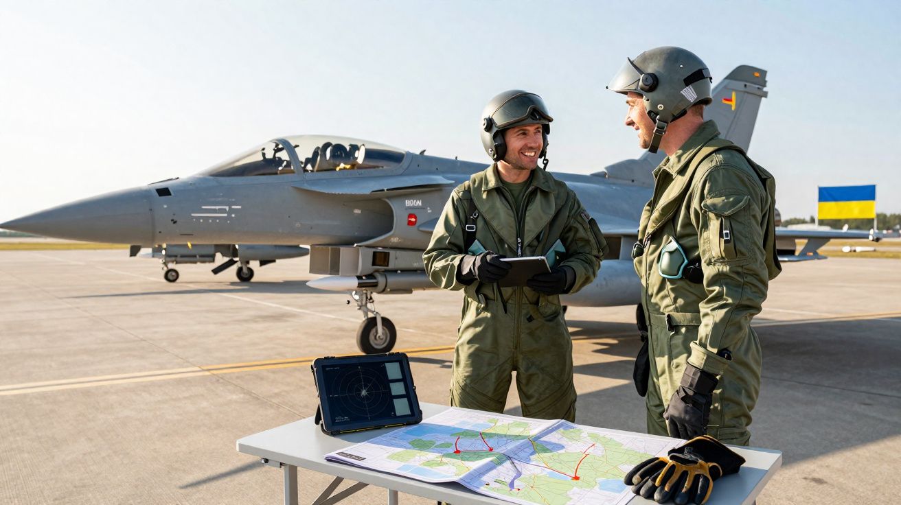 Dois pilotos militares em uniforme e capacete conversam junto a mapa e radar numa base aérea com jato de combate ao fundo.