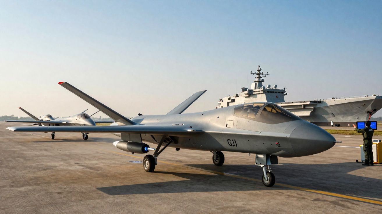 Drones de combate militares estacionados num aeródromo com um porta-aviões ao fundo em dia de céu limpo.