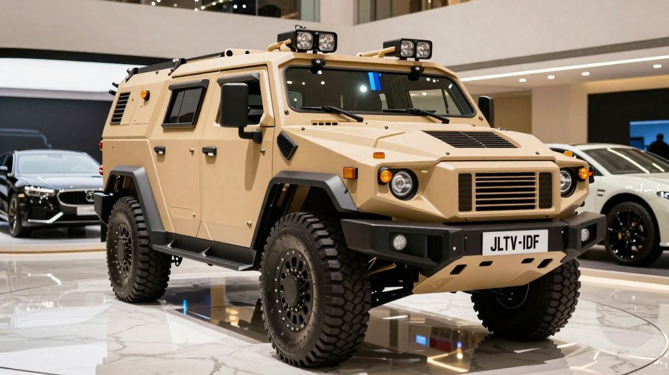 Veículo militar blindado bege exibido em salão automóvel com pneus grandes e faróis dianteiros.