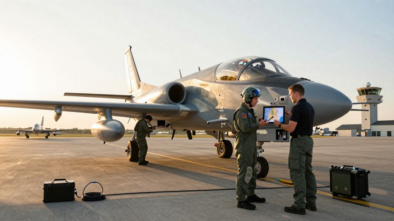 Dois pilotos em frente a jato militar na pista com torre de controlo ao fundo ao pôr do sol.