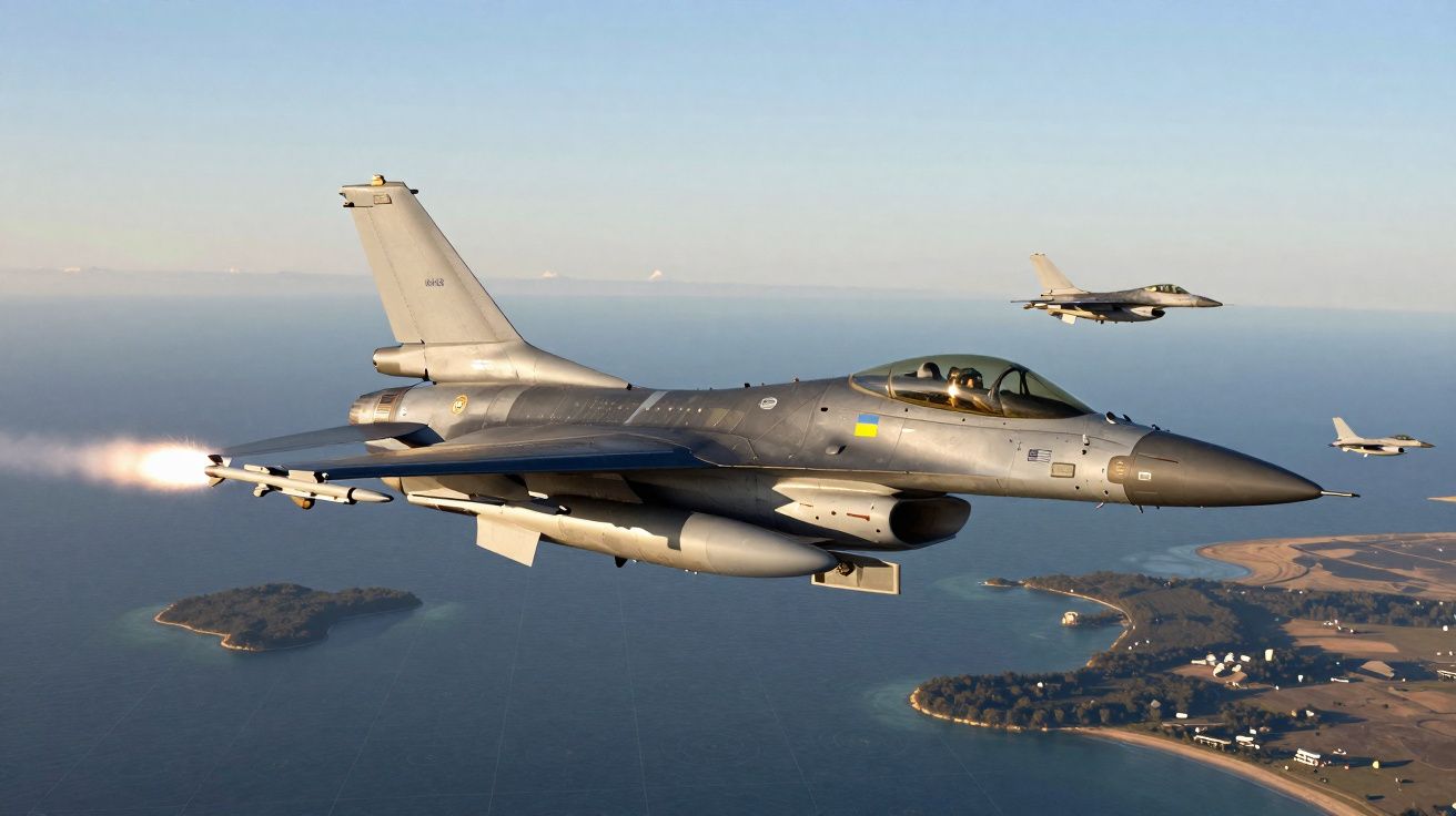 Jatos militares a sobrevoar uma zona costeira com ilhas e terra firme ao fundo.