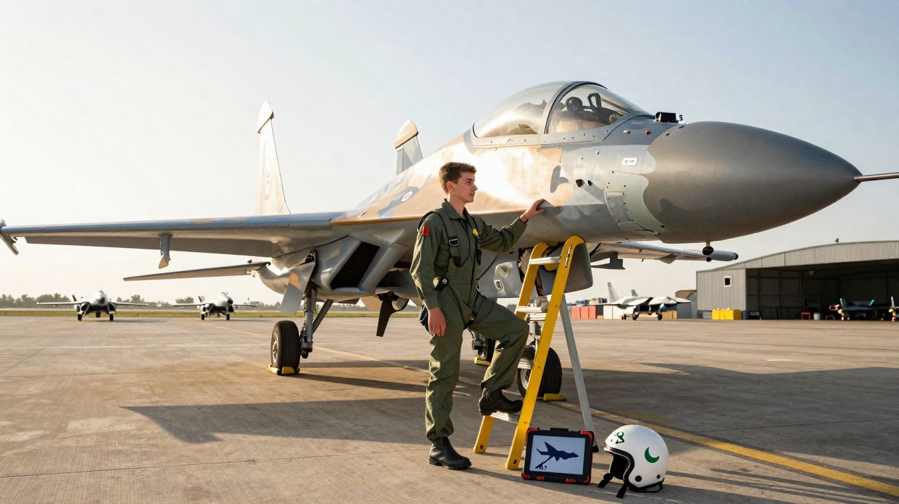 Piloto em fato verde junto a caça militar estacionado numa pista de aeroporto num dia claro.