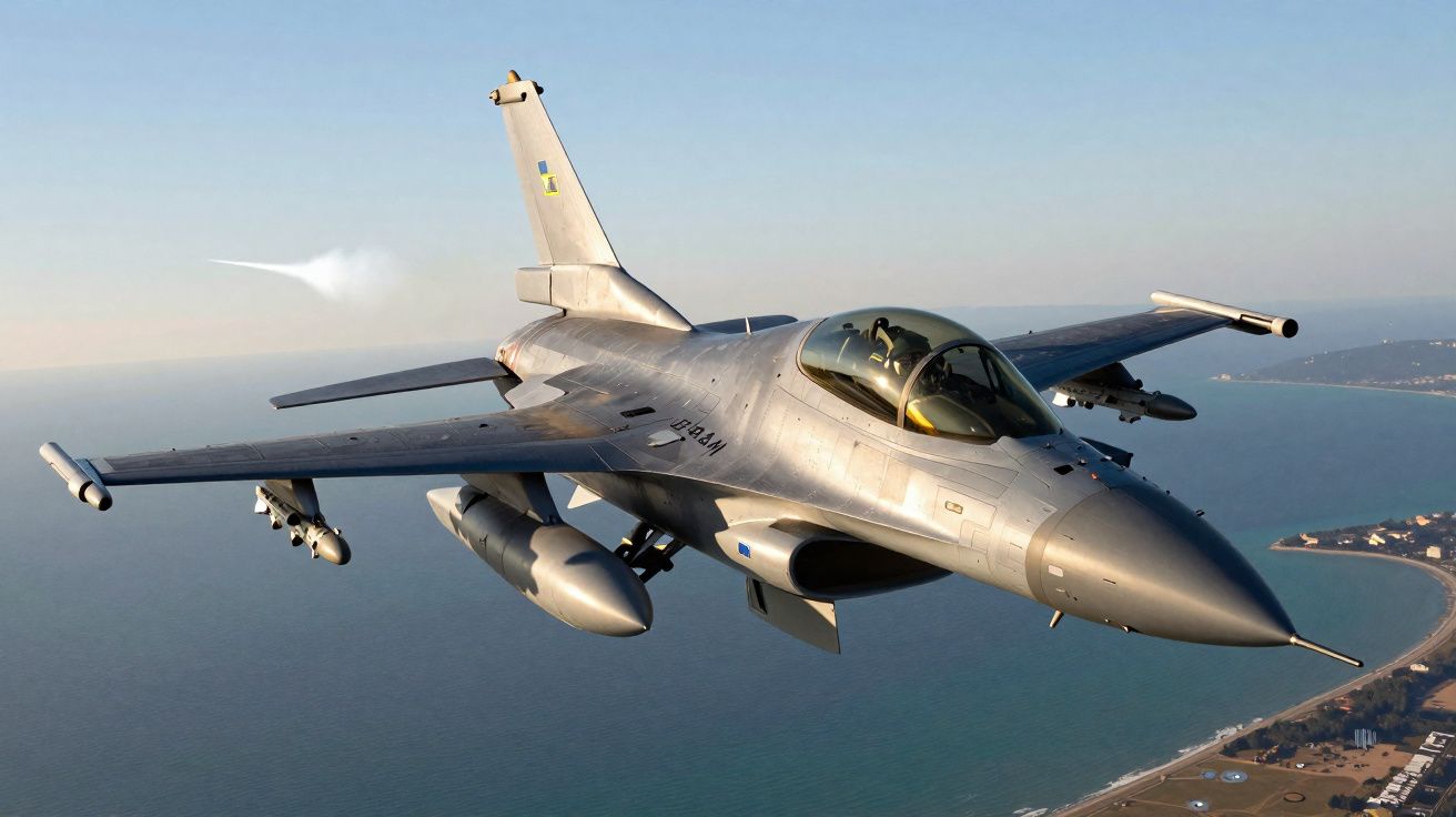 Caça militar em voo sobre o mar, com costa visível ao fundo e céu limpo.