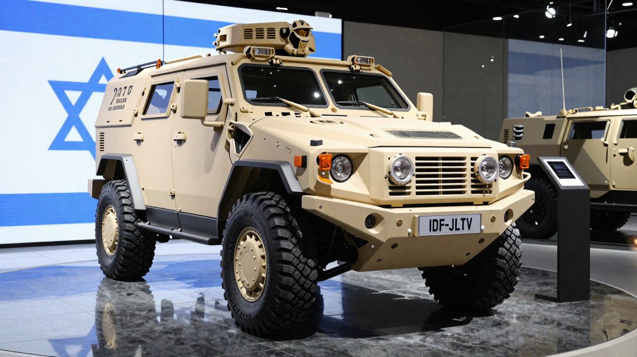 Veículo militar blindado bege exibido em exposição com bandeira de Israel ao fundo.