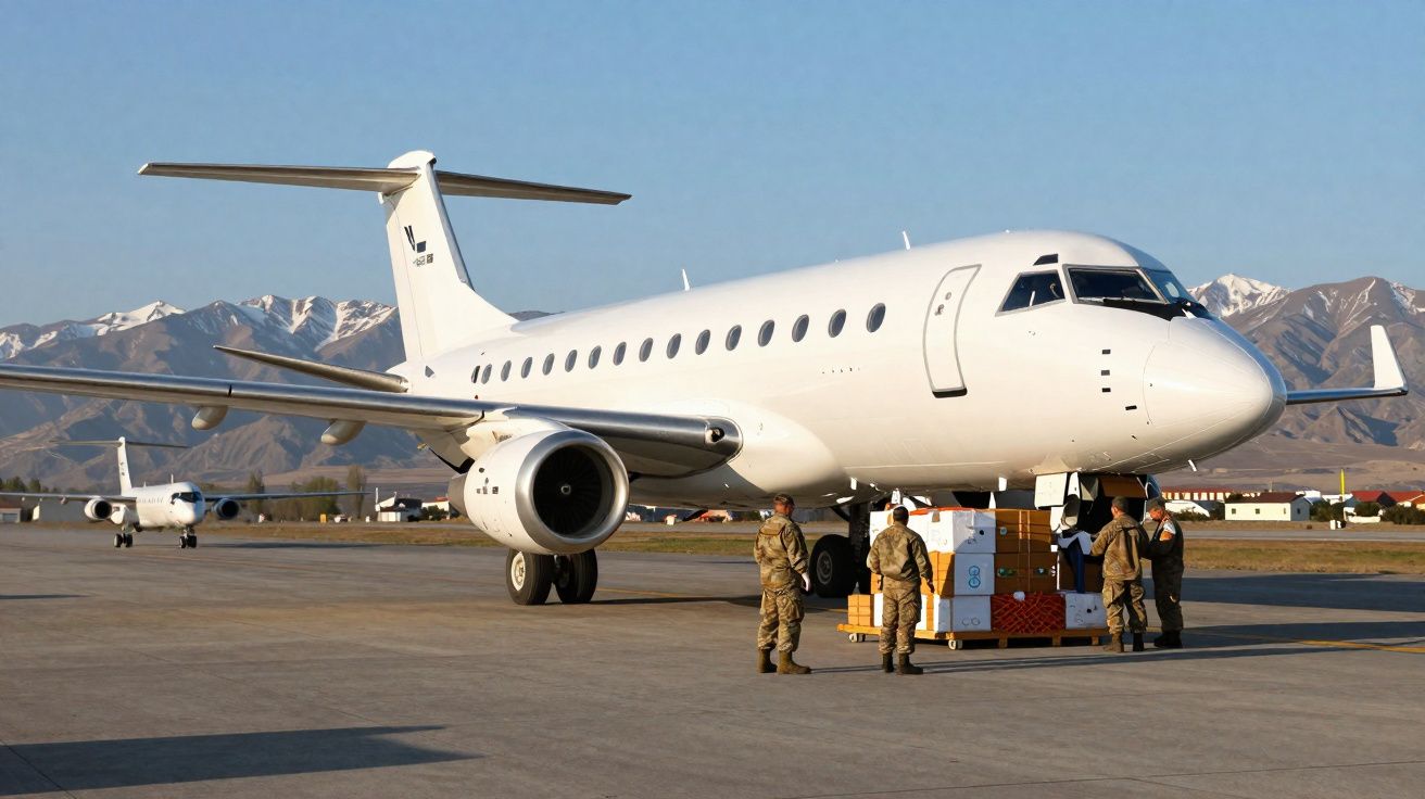 Avião branco estacionado no aeroporto com soldados a descarregar caixas, montanhas ao fundo.