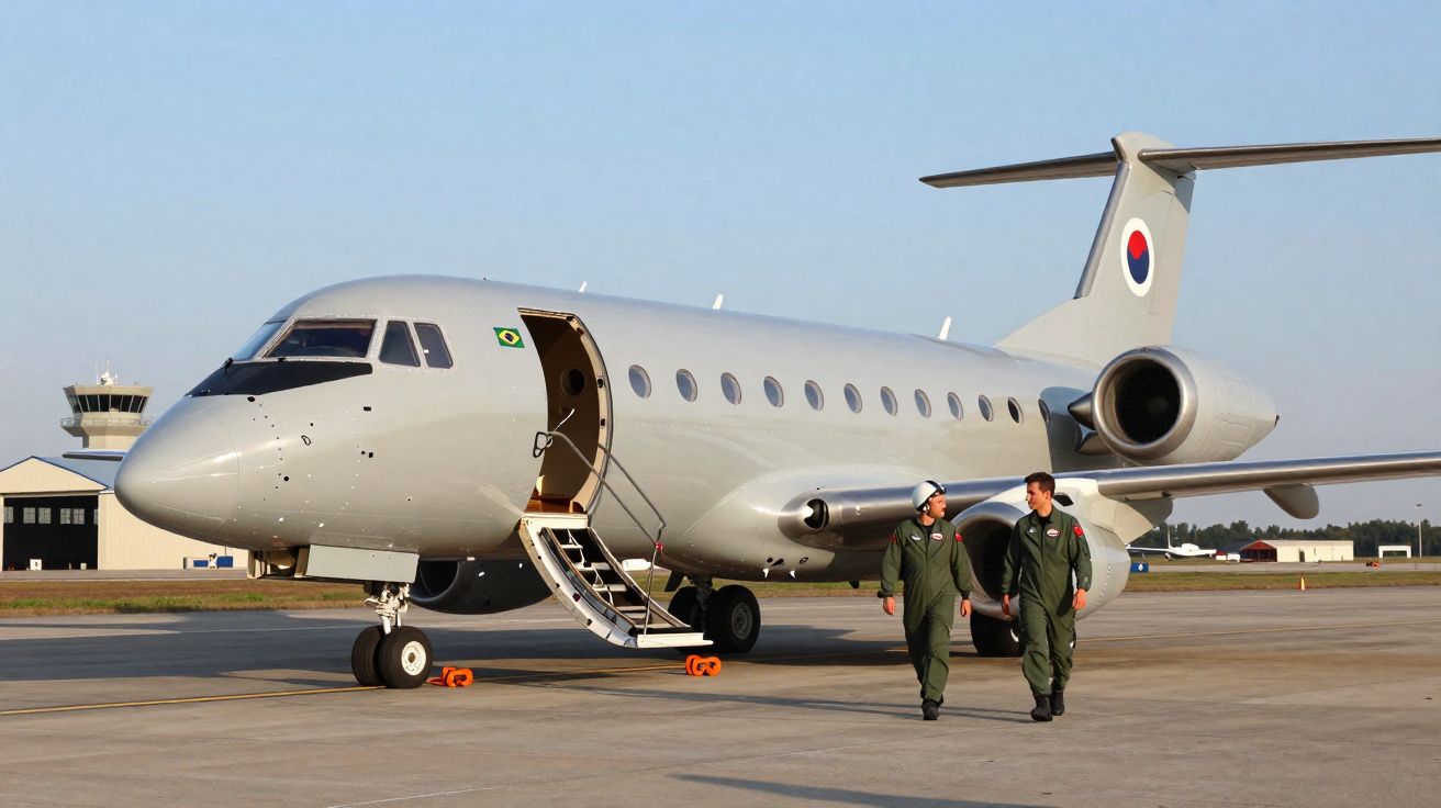 Avião militar branco estacionado com porta aberta e dois pilotos a caminhar no aeroporto num dia ensolarado.