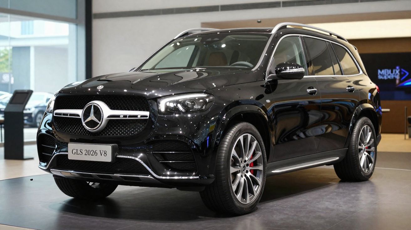 Carro preto Mercedes-Benz GLS 2026 V8 exibido em salão automóvel moderno.