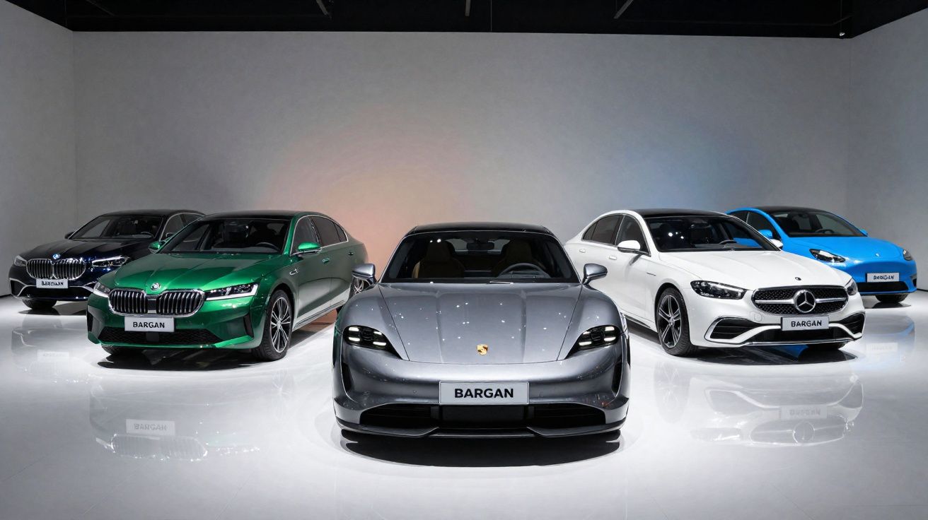 Cinco carros luxuosos de várias marcas estacionados em superfície branca e iluminação suave.