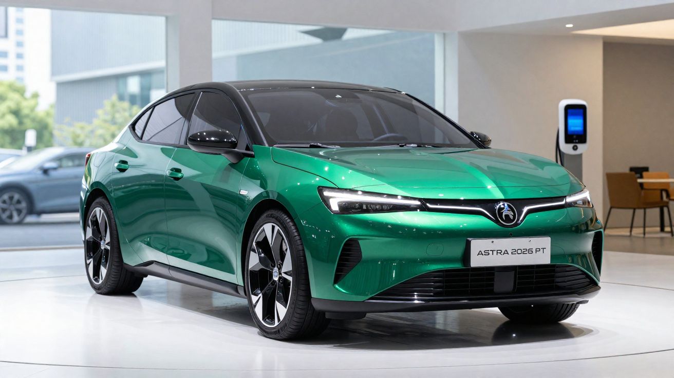 Carro elétrico verde Astra 2026 PT apresentado num salão moderno com luz natural.