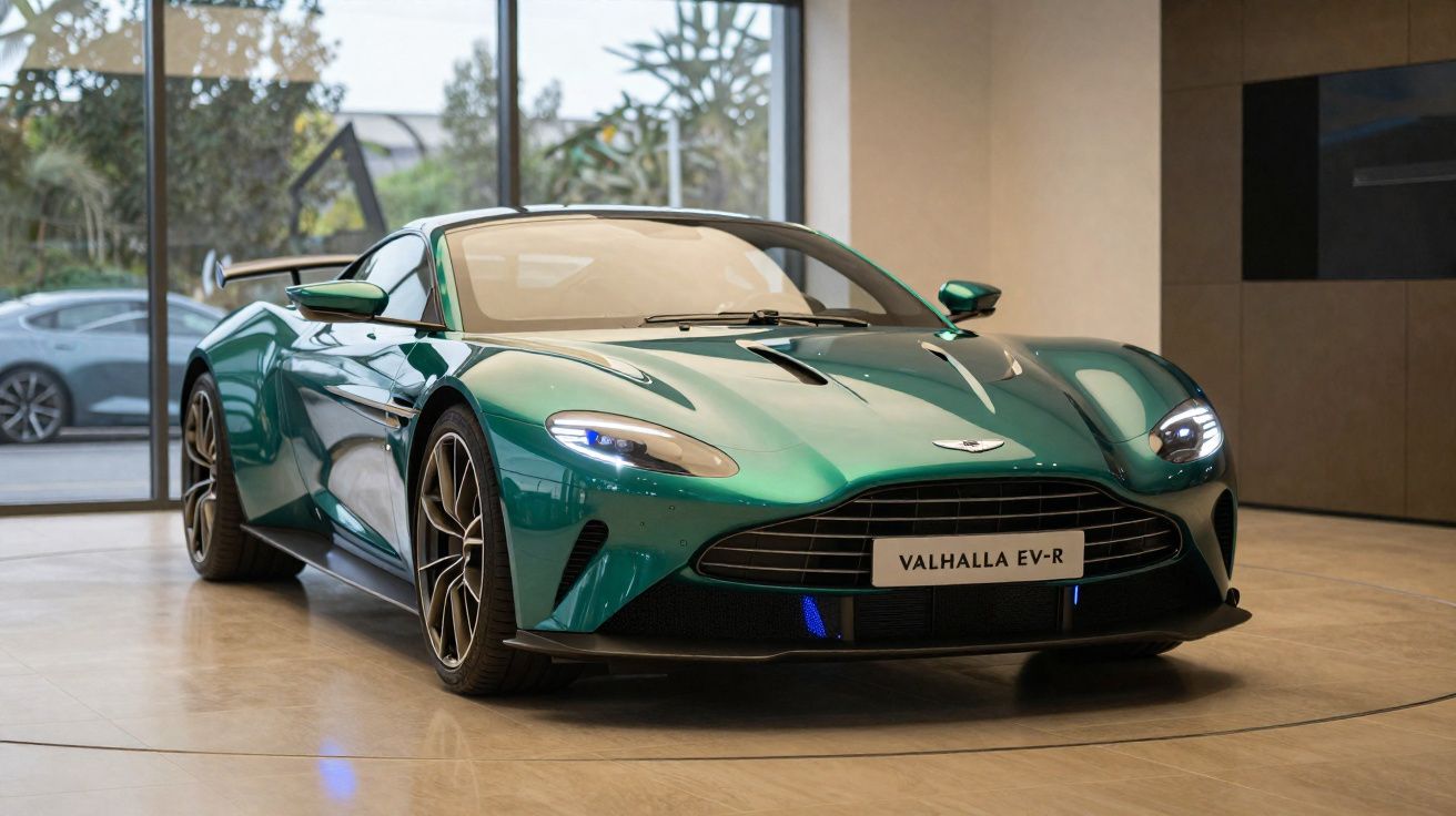 Carro desportivo Aston Martin Valhalla EV-R verde exposto em showroom moderno.