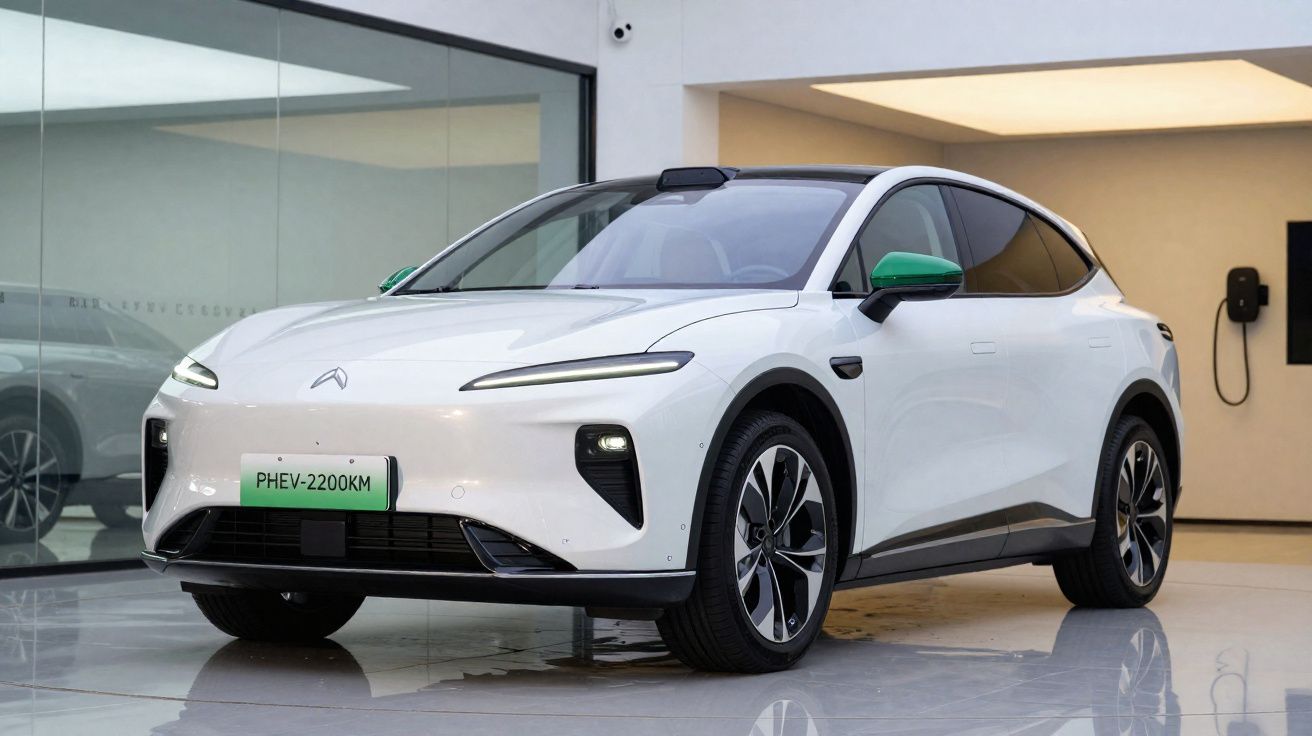 Carro elétrico branco com retrovisores verdes, estacionado em ambiente interior moderno e minimalista.