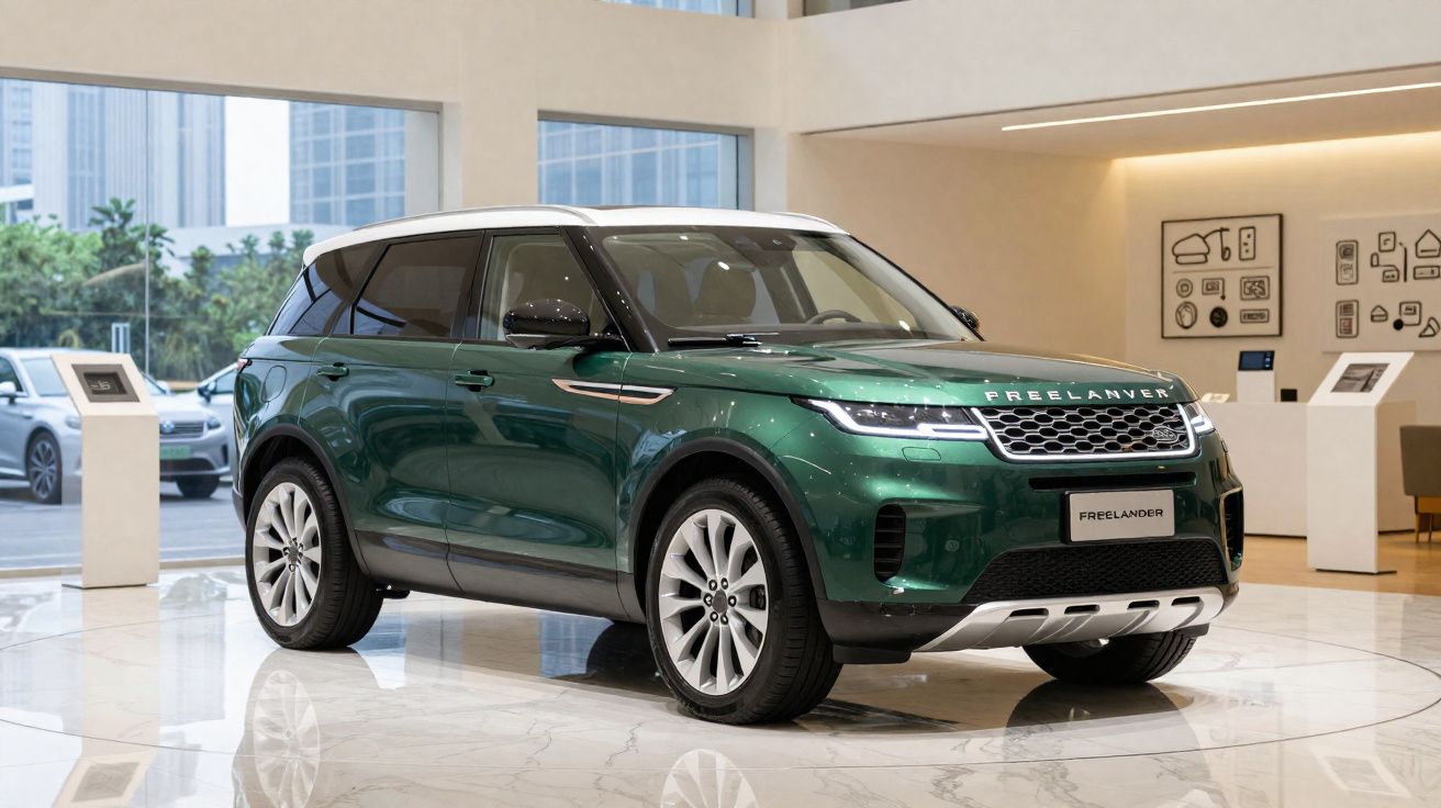 SUV Land Rover Freelander verde com tejadilho branco exposto numa sala moderna com paredes claras.