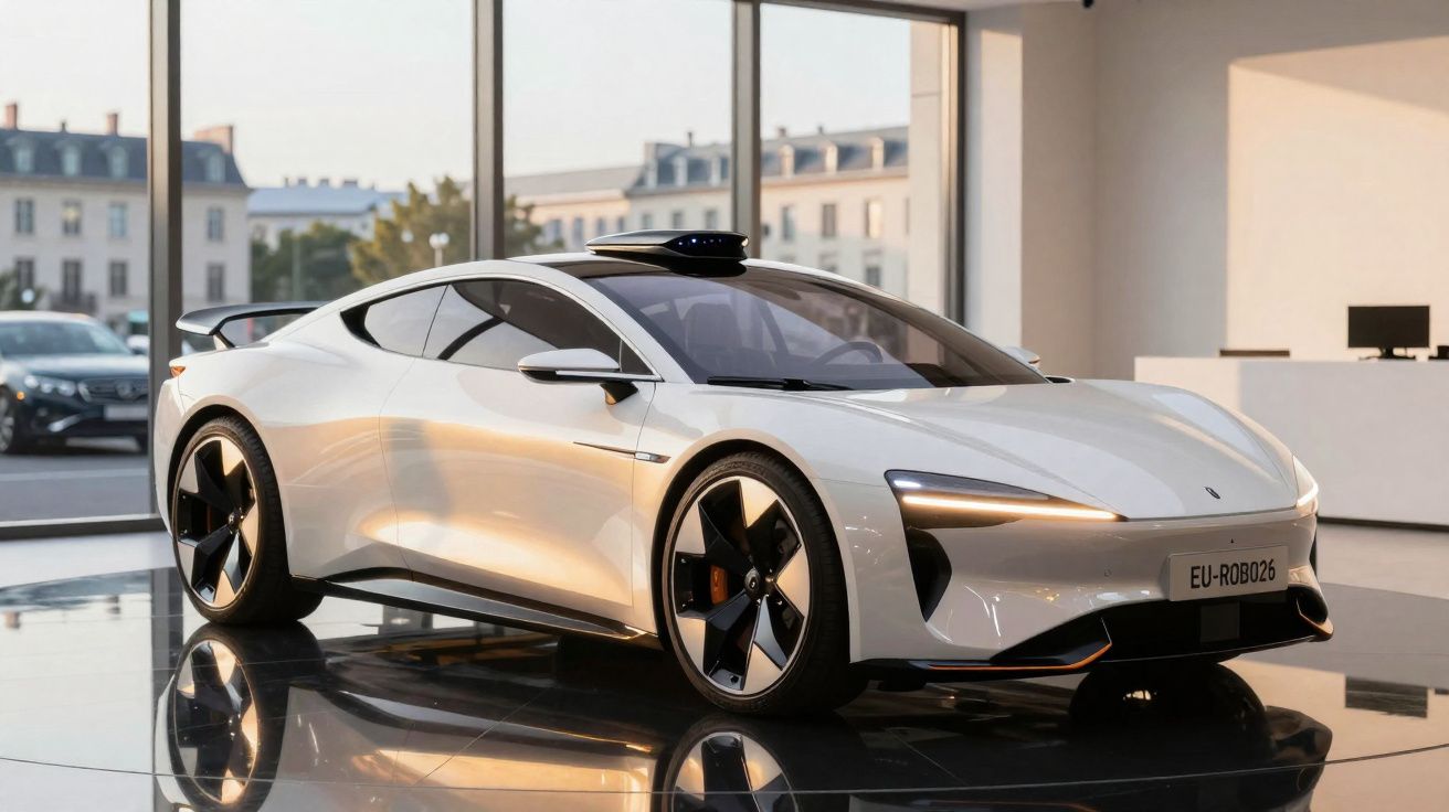 Carro elétrico desportivo branco com design futurista exposto em espaço interior com grandes janelas.