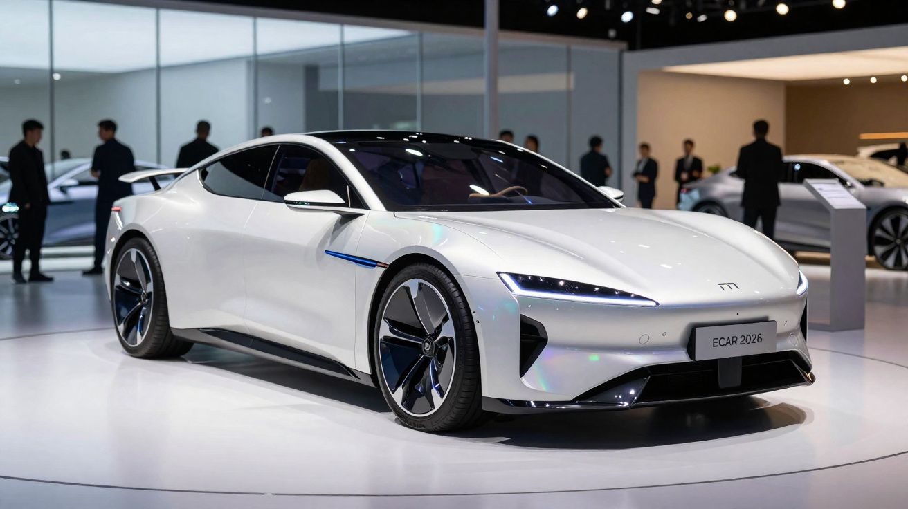 Carro desportivo eléctrico branco estacionado numa exposição com pessoas ao fundo.