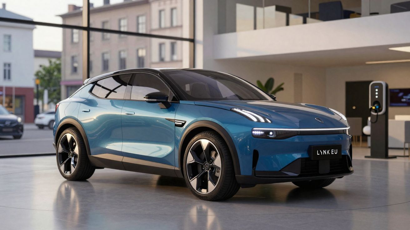Carro elétrico azul LYNK & CO estacionado num espaço interior moderno com grandes janelas e carregador elétrico.