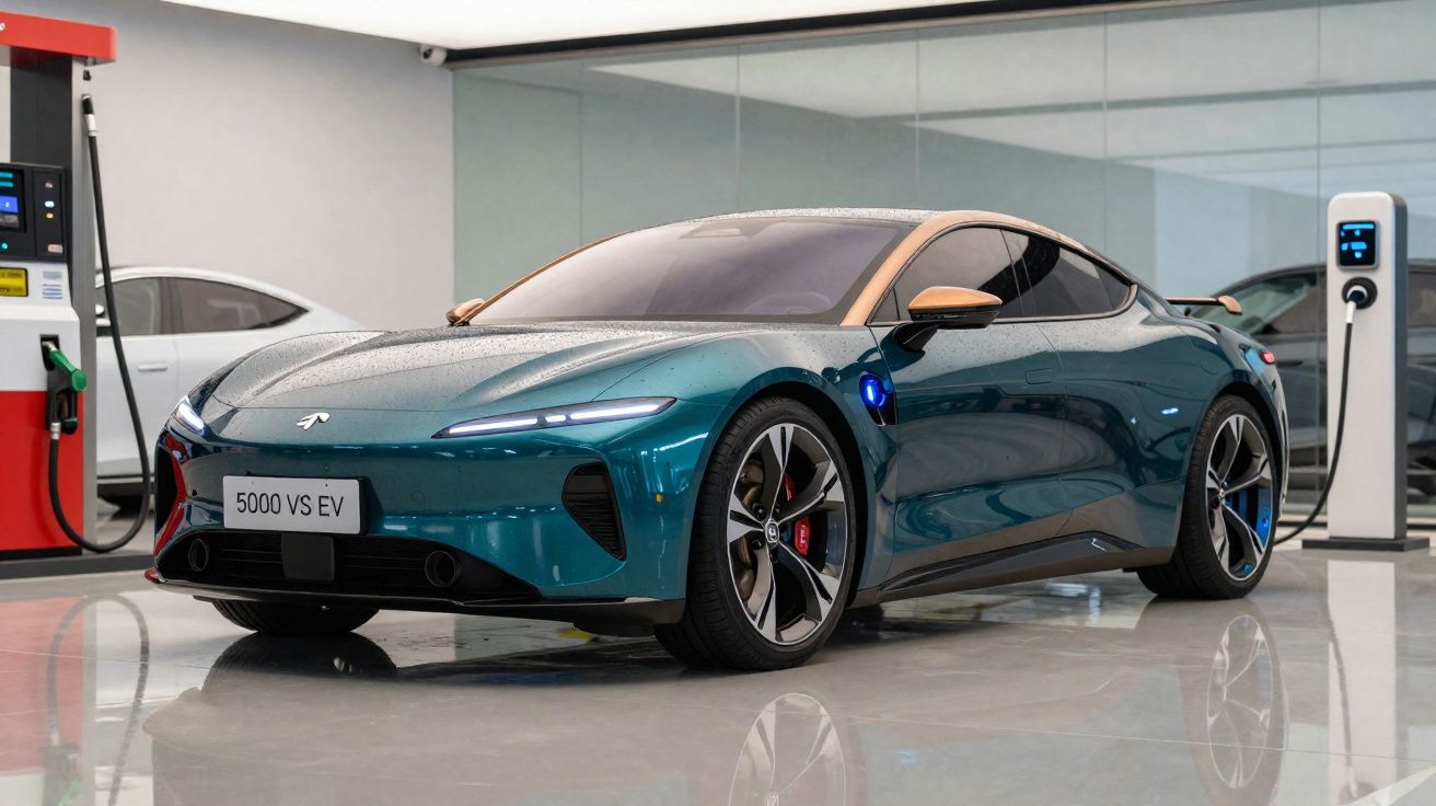 Carro elétrico esportivo azul carregando numa estação de carregamento interior moderna.