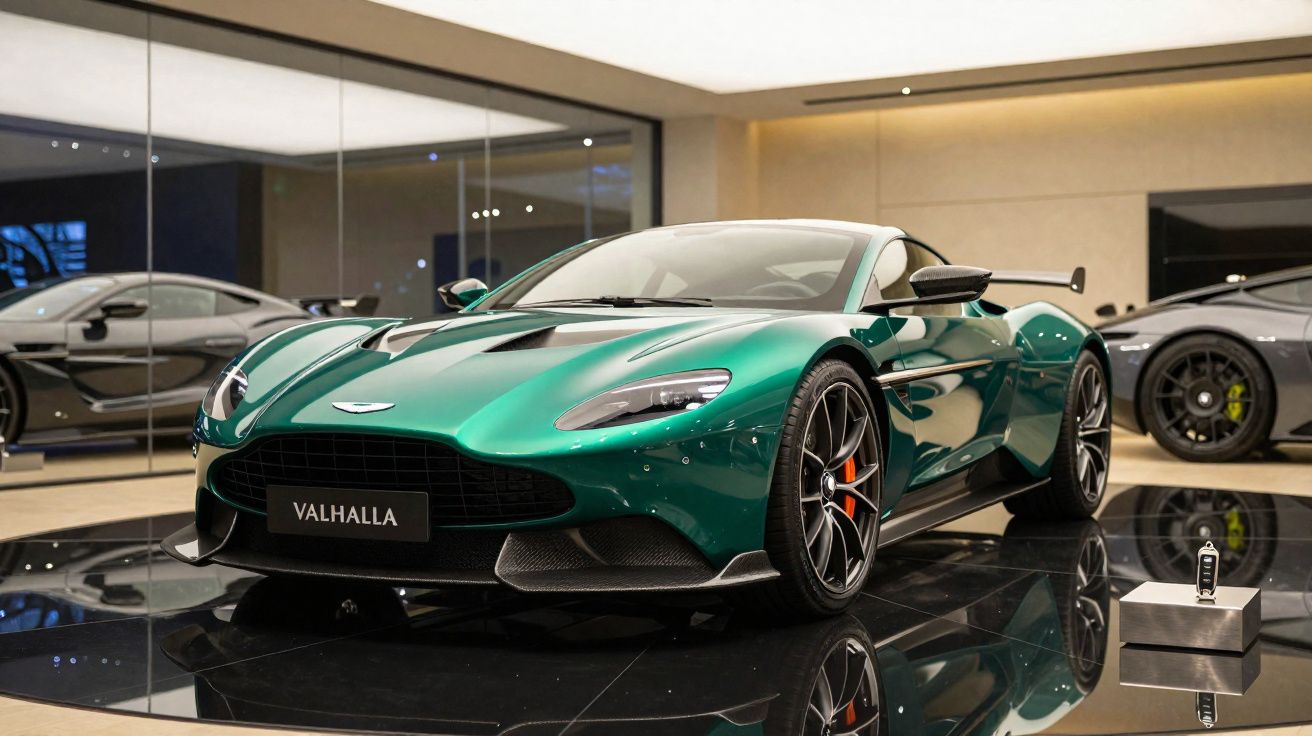 Carro desportivo verde Aston Martin Valhalla em exposição numa sala moderna com chão espelhado.