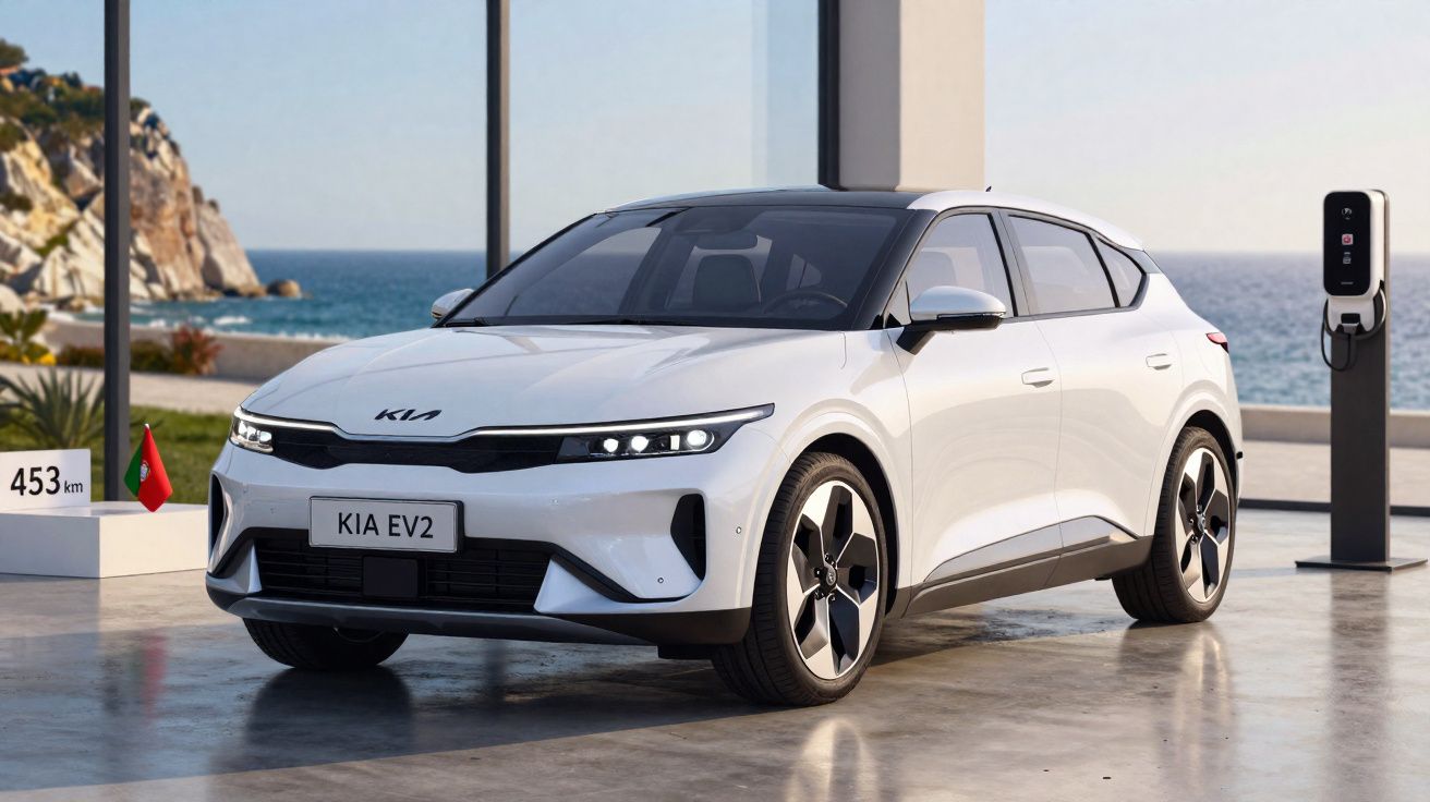 Carro elétrico branco Kia EV2 estacionado próximo a posto de carregamento junto ao mar.