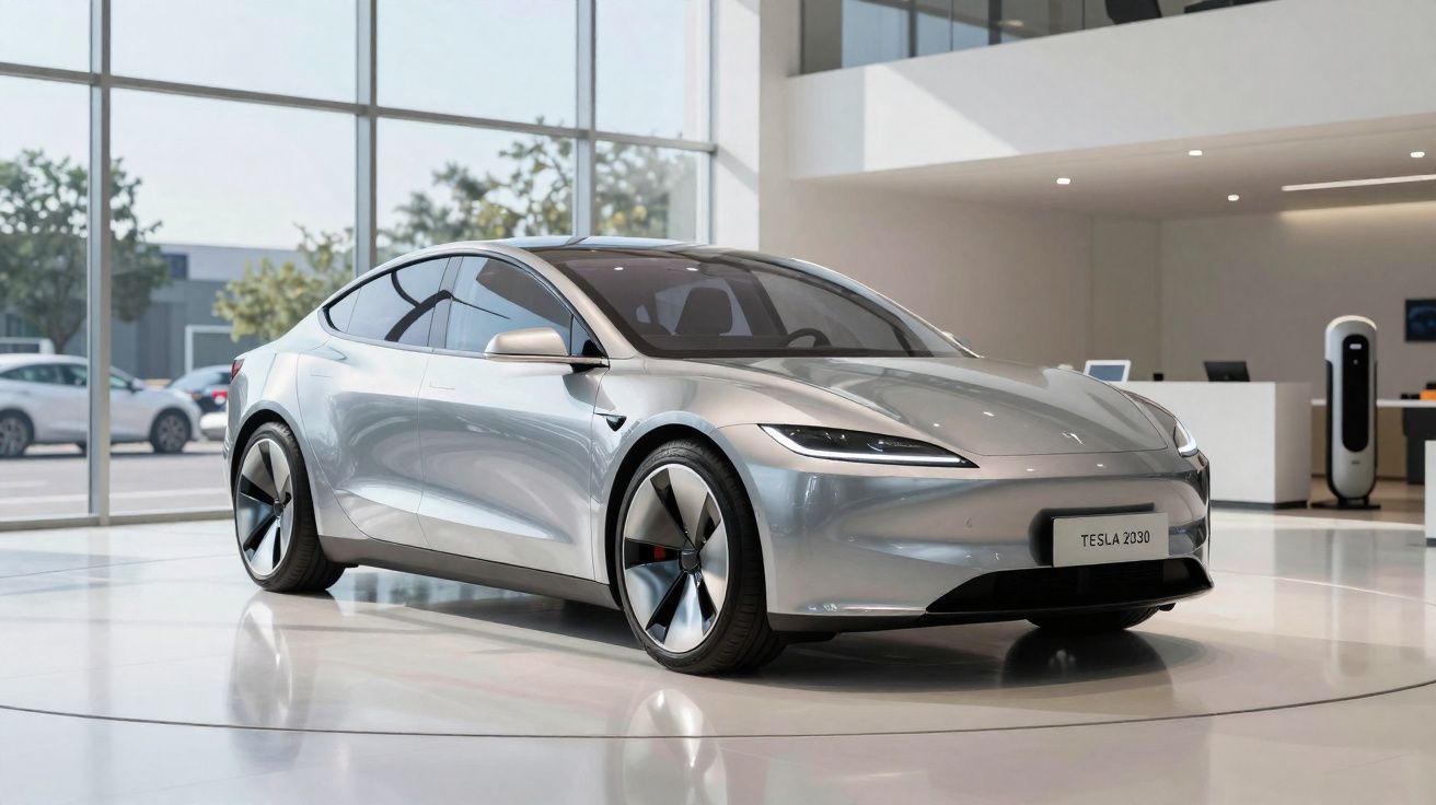 Carro elétrico Tesla prateado exposto em showroom moderno com grandes janelas e piso branco.