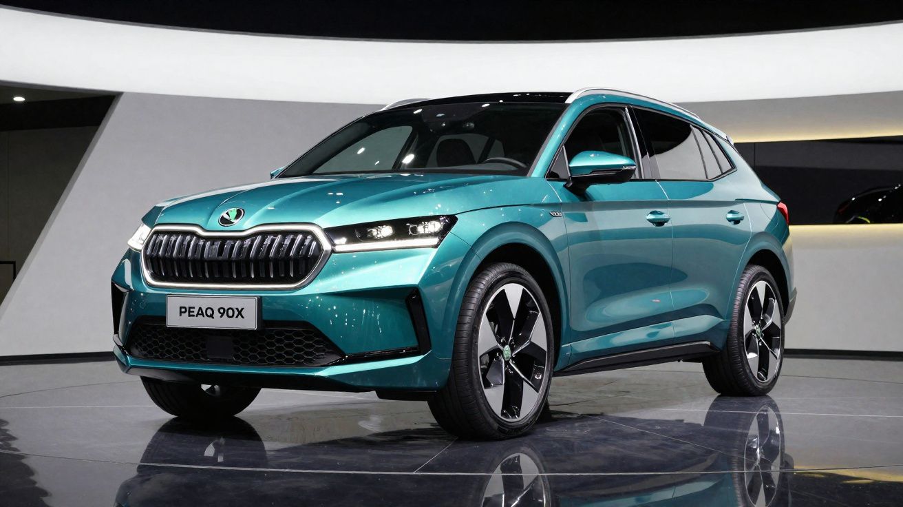 Automóvel elétrico Skoda Peaq 90X verde exibido em palco moderno com iluminação branca.