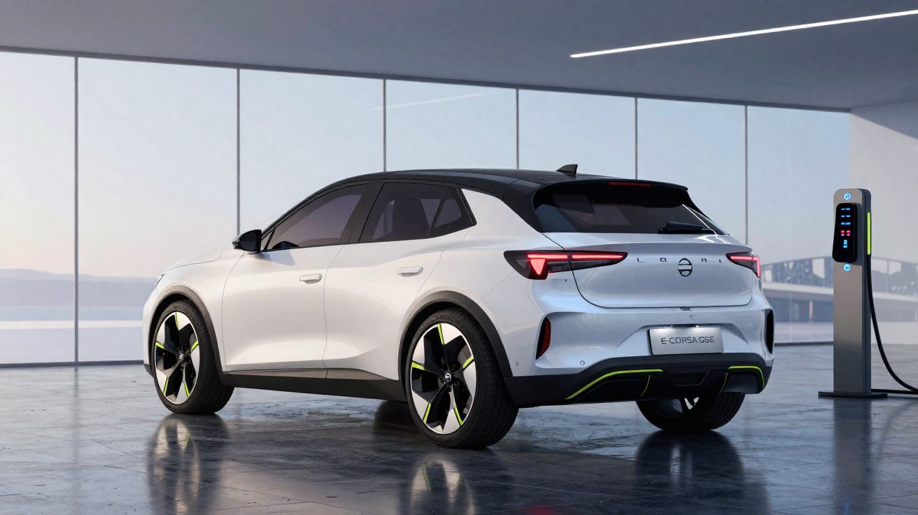 Carro elétrico branco com teto preto a carregar numa estação de carregamento em espaço interior moderno.