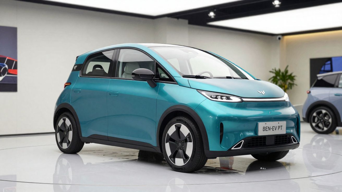 Automóvel elétrico compacto azul num showroom moderno com luz branca e chão refletor.