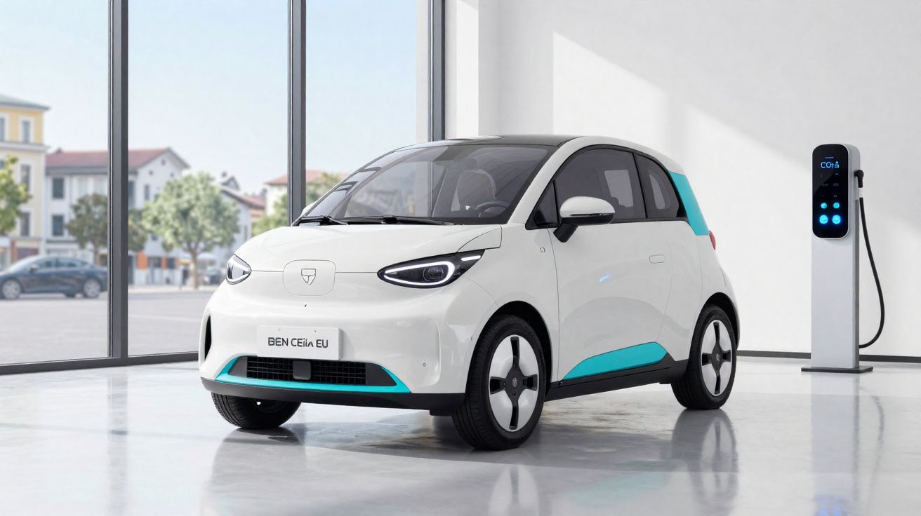 Carro elétrico branco com detalhes azuis estacionado em espaço interior junto a posto de carregamento.