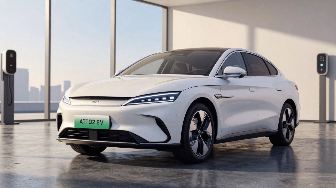 Carro elétrico branco ATTO 2 EV numa garagem com postos de carregamento e janelas amplas.