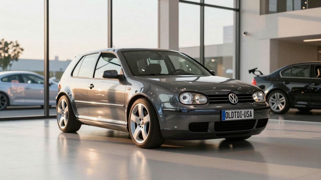 Carro Volkswagen Golf cinzento estacionado dentro de um showroom moderno com janelas grandes.
