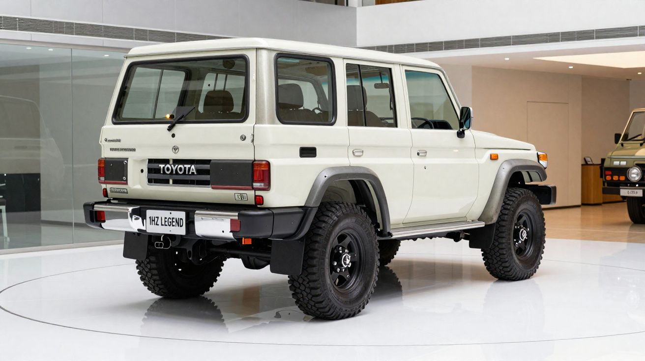 Toyota Land Cruiser 4x4 branco, modelo clássico, em exposição interior moderna e iluminada.