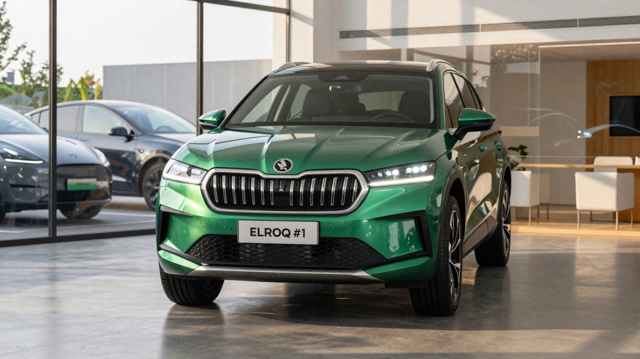 Carro elétrico Skoda Elroq verde em exposição num showroom moderno com paredes de vidro.