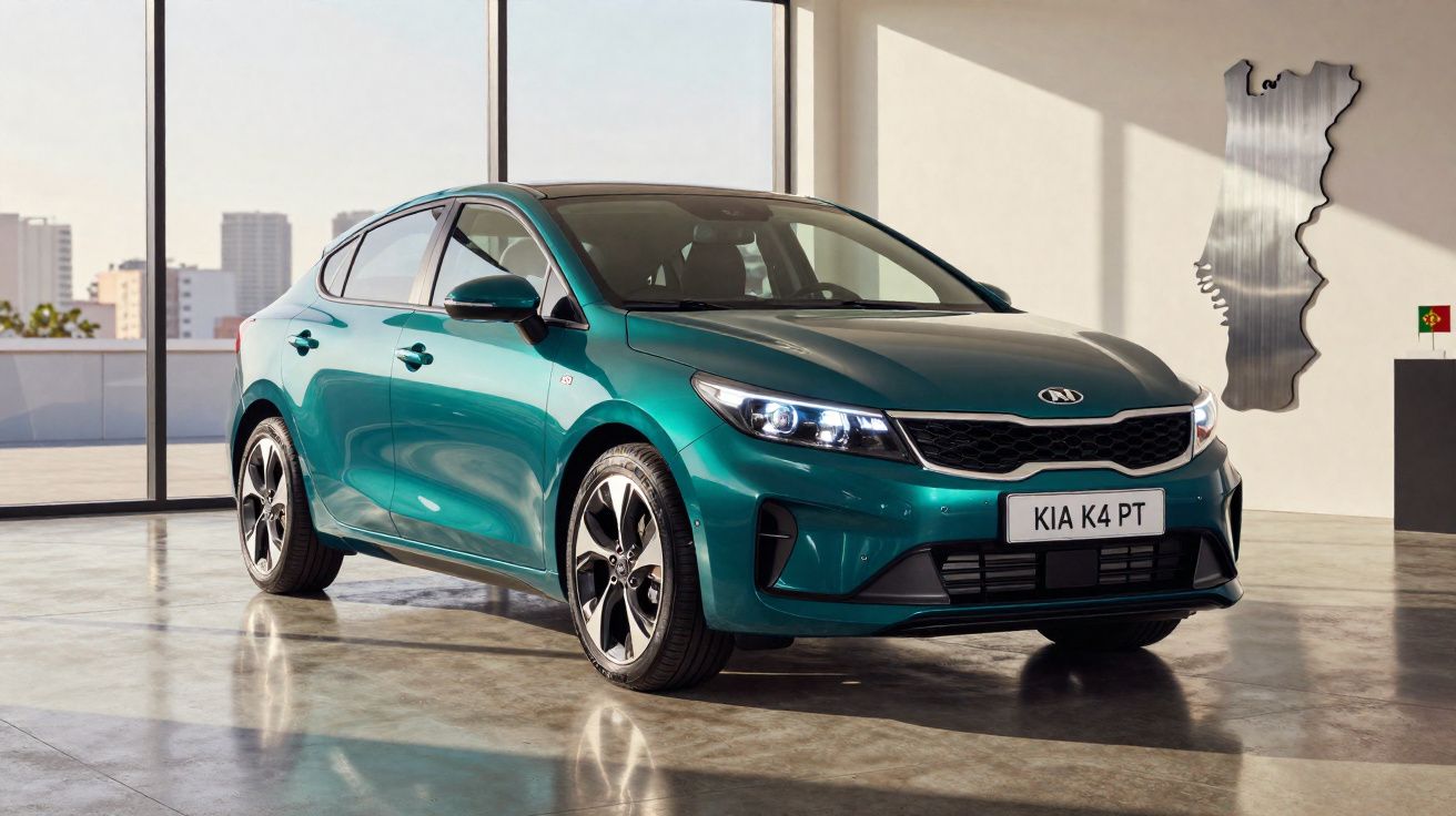 Carro Kia K4 verde metálico estacionado em interior com grandes janelas e mapa de Portugal na parede.