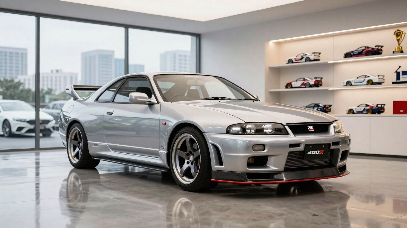 Carro desportivo prata Nissan Skyline R33 GT-R estacionado numa sala com miniaturas de carros nas prateleiras.