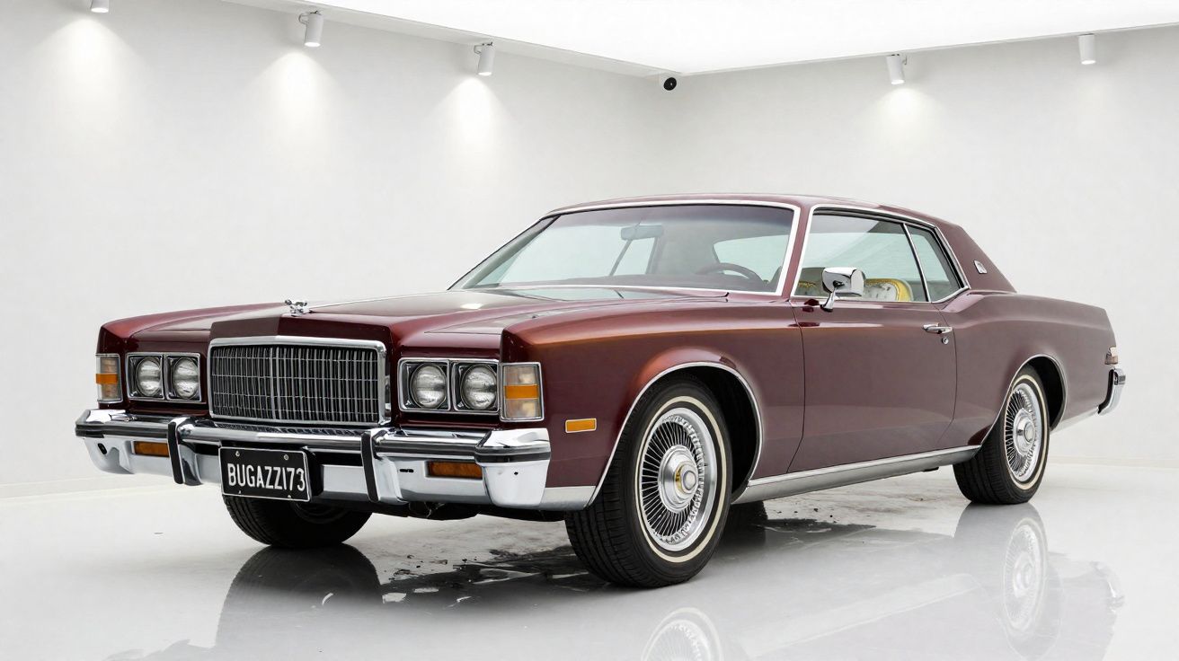 Carro clássico de luxo cor vinho estacionado em ambiente branco com iluminação de teto.