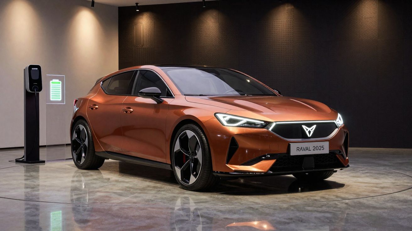 Carro elétrico desportivo laranja, modelo Raval 2025, com estação de carregamento numa sala moderna escura.