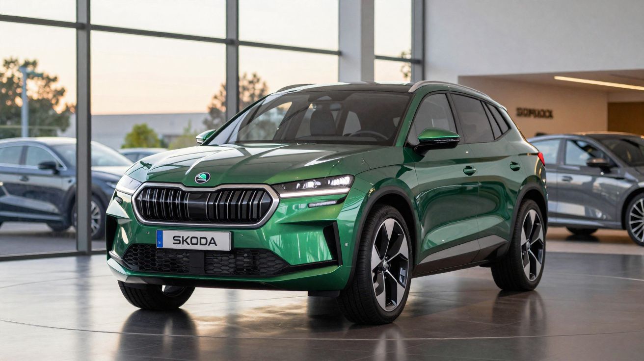 Carro SUV Skoda verde estacionado em showroom com grandes janelas e outros automóveis ao fundo.