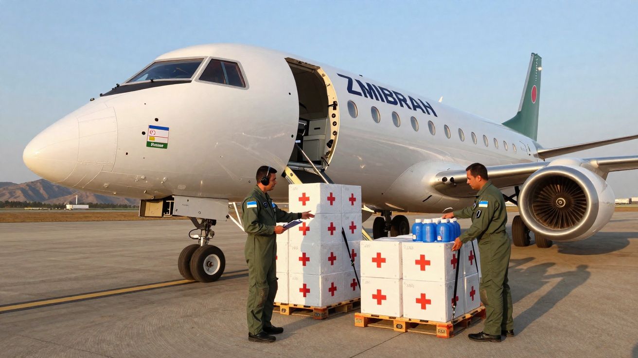 Duas pessoas carregam caixas com símbolos da Cruz Vermelha em frente a um avião de ajuda humanitária na pista.