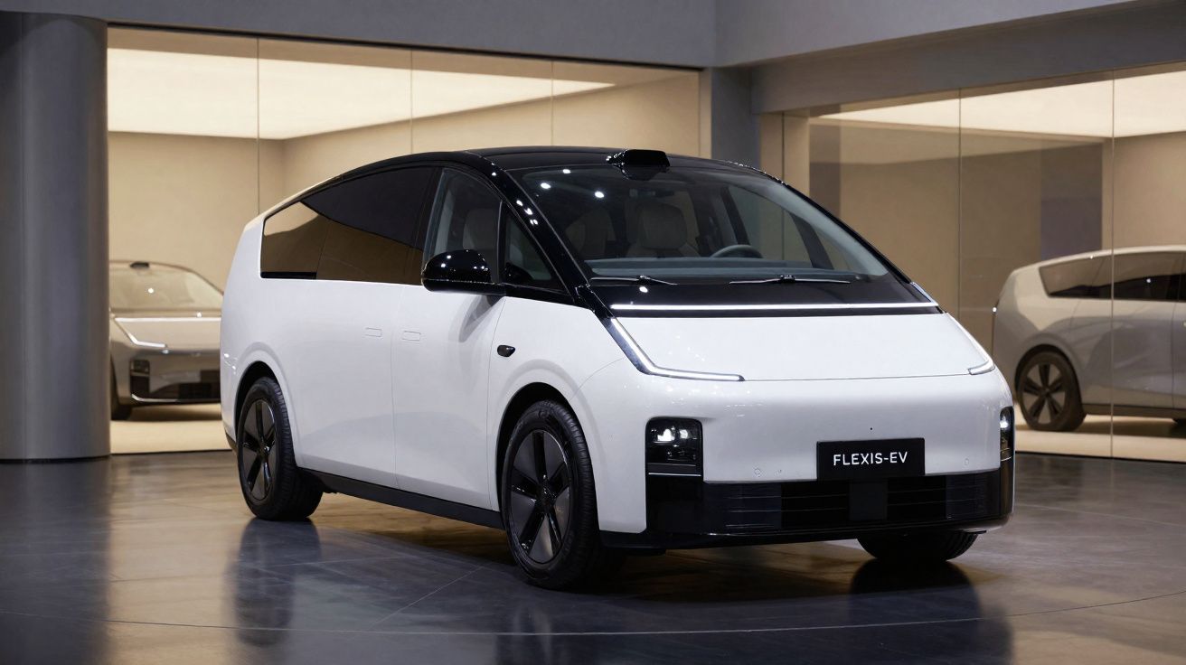 Automóvel elétrico branco Flexis-EV com design futurista estacionado em interiores modernos.