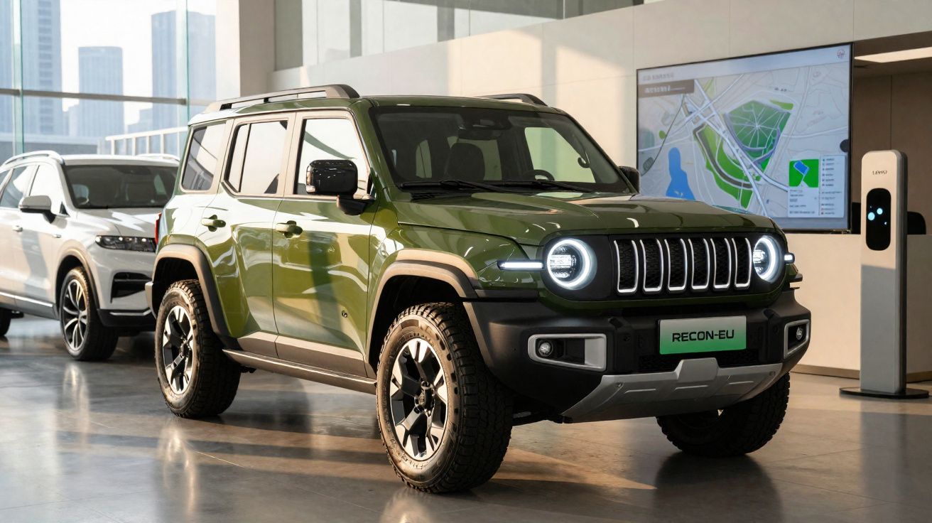 Veículo SUV verde militar com faróis LED circulares em exposição numa showroom moderna.