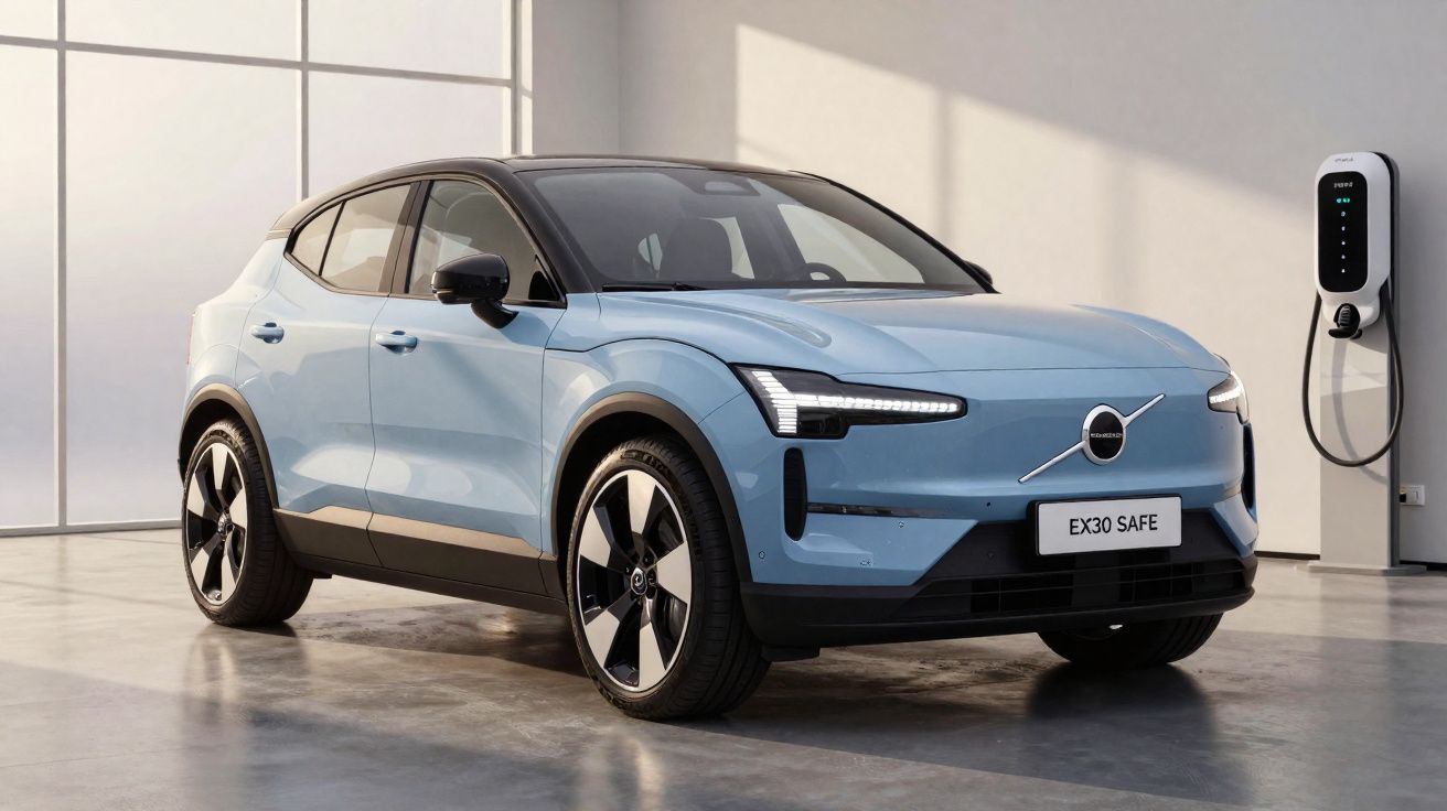 Carro elétrico Volvo EX30 azul estacionado num espaço interior junto a um posto de carregamento.