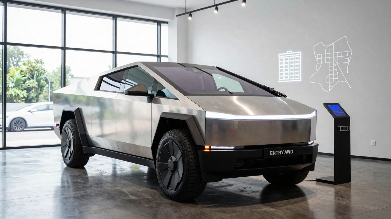 Carro elétrico futurista de linhas angulares exibido dentro de uma sala moderna com grandes janelas.