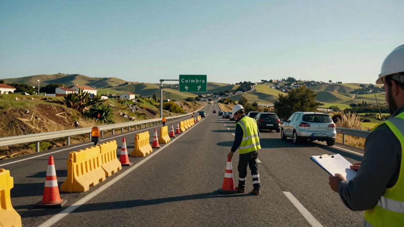 Estrada em obras com trabalhadores a sinalizar e trânsito fluindo, placa indica direção para Coimbra.