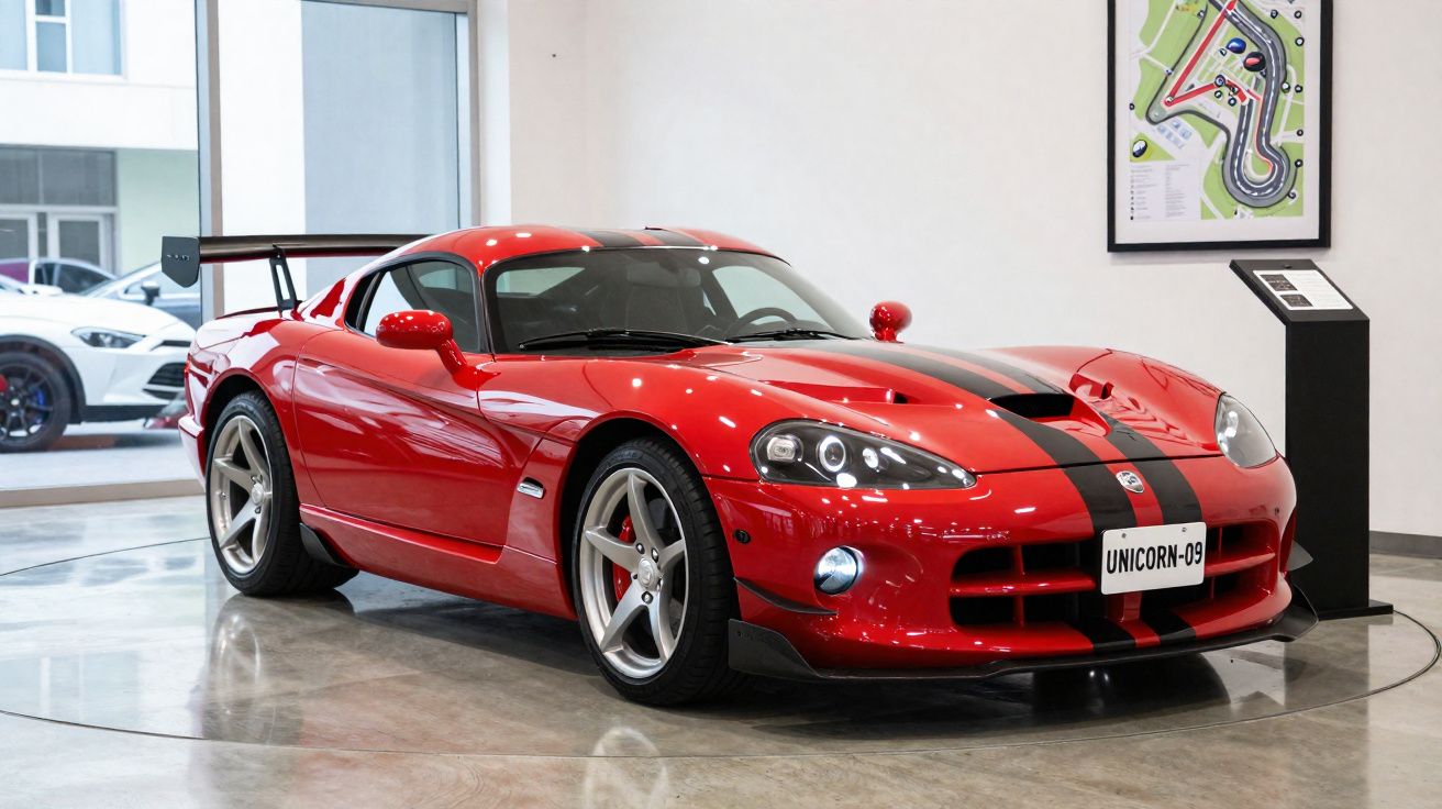 Carro desportivo vermelho com risca preta e spoiler, exposto em espaço interior com vidro e mapa de pista na parede.