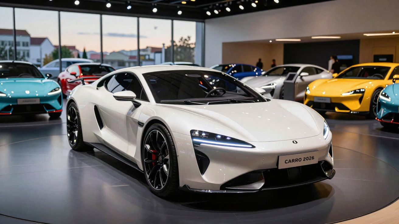 Carro desportivo branco em exposição numa sala moderna com vários carros coloridos ao fundo.