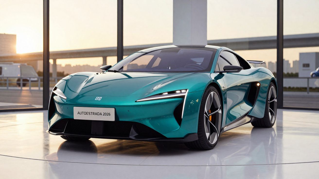 Carro desportivo elétrico verde metálico Autoestrada 2026 em exposição interior moderna.