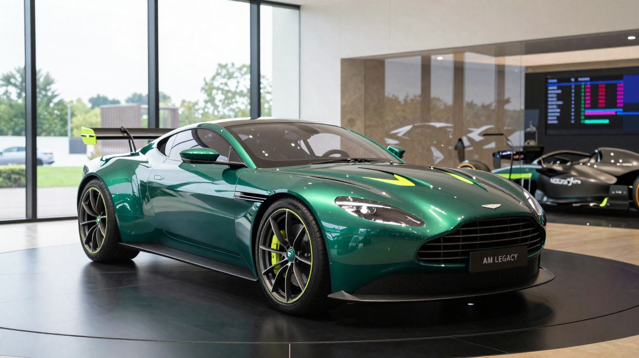 Carro desportivo Aston Martin verde metálico com detalhes amarelos exposto numa sala moderna.
