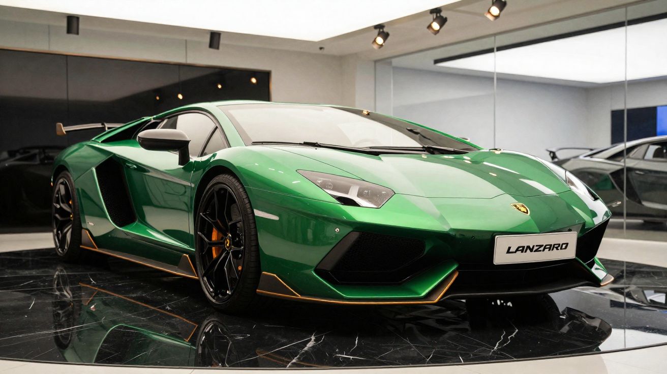 Carro desportivo verde Lamborghini Aventador estacionado em exposição interior com piso preto brilhante.
