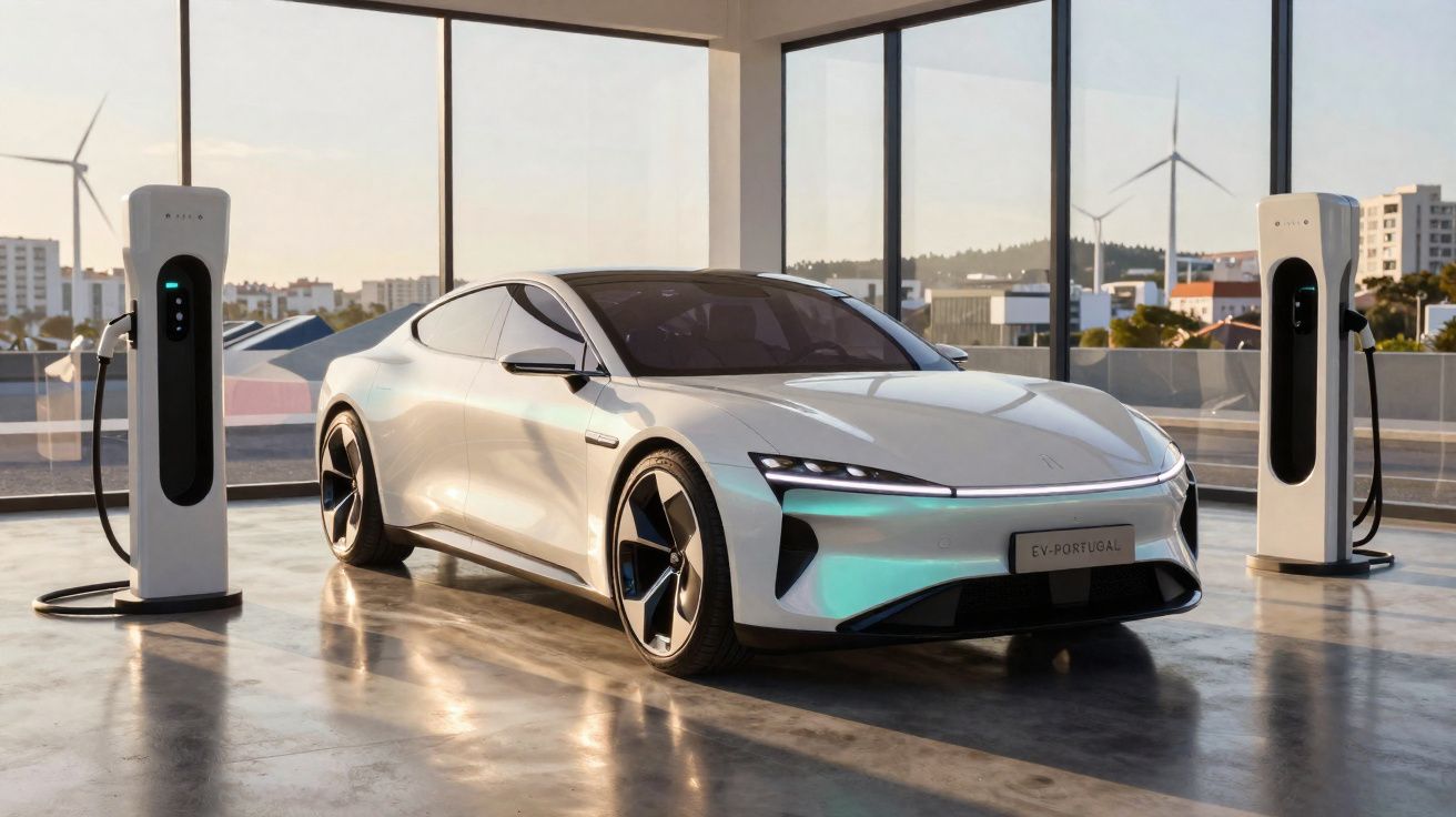 Carro elétrico branco futurista estacionado entre dois postos de carregamento num edifício com janelas amplas.